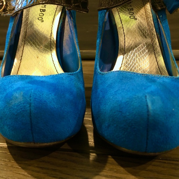 BAMBOO Blue Fx Suede & Black Patent Whimsy Goth Buckle Mary Jane High Heels~7 - Picture 4 of 14